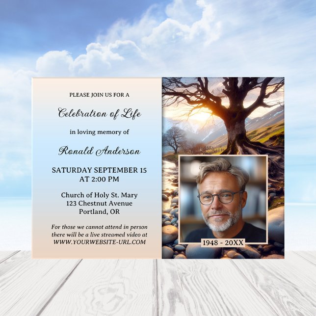 Invitation Arbre Rivière de la Vie Poème Photo Célébration de (A memorial or celebration of life service invitation featuring a tree and river with a custom poem)