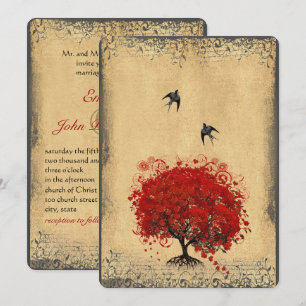 Invitation Arbre rouge feuille de coeur vintage oiseaux papie