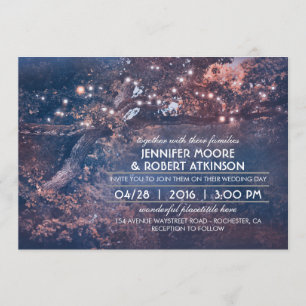 Invitation Arbre Rustique Chaîne Lumières Mariage Bleu Forêt