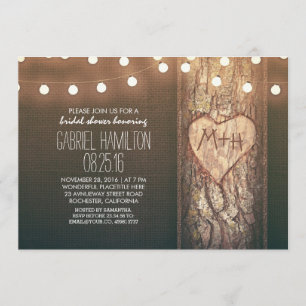Invitation arbre rustique coeur & lumières à cordes douche nu