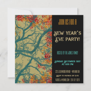 Invitation Arbre vert du Nouvel An feuilles rouges