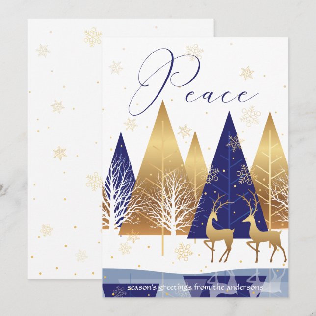 Invitation Arbres Bleus Or Moderne Deer Paix Salutation de va (Devant / Derrière)