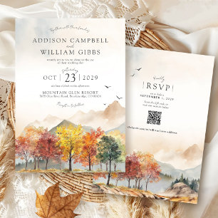 Invitation Arbres d'automne à l'aquarelle Montagne Mariage Bo