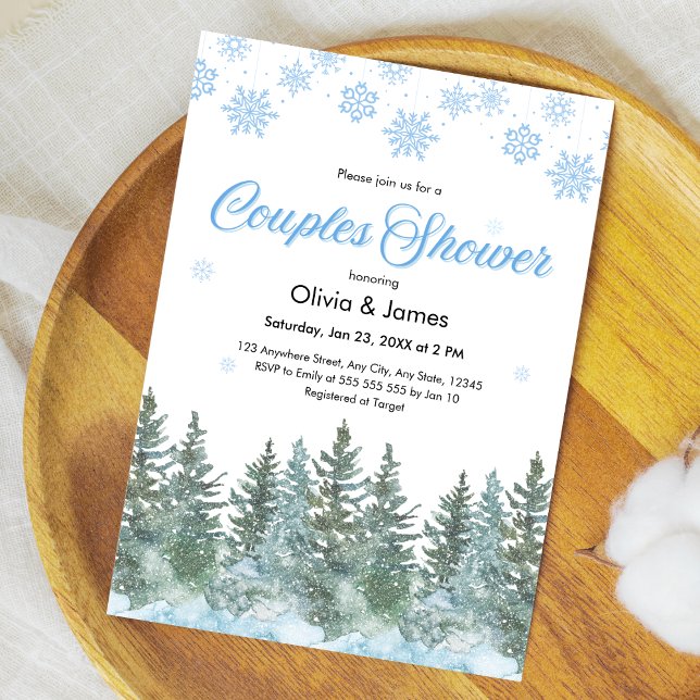 Invitation Arbres de pin d'hiver Flocons de neige Couples Bab (Winter Pine Trees Snowflakes Couples Bridal Shower Invitation )