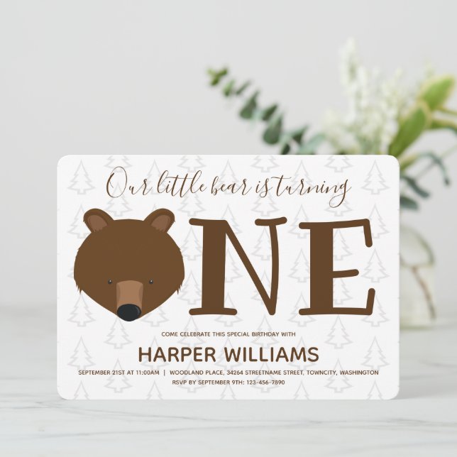 Invitation Arbres Grizzly Ours Un animal 1er anniversaire (Debout devant)