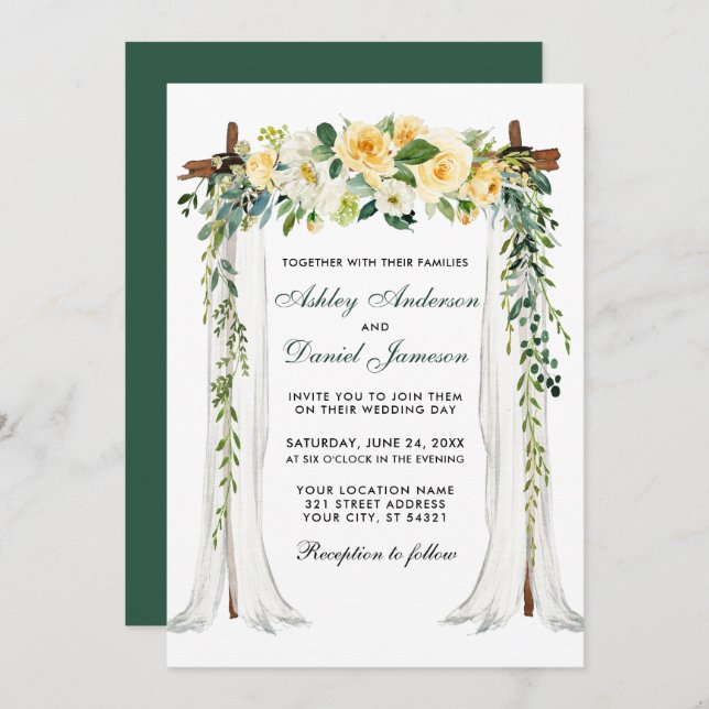 Invitation Arc à canopée mariage Aquarelle Jaune Floral Vert (Devant / Derrière)