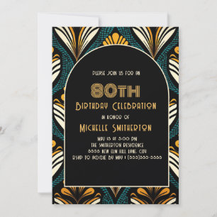 Invitation Arc Art Déco Turquoise Jaune Noir 80e anniversaire