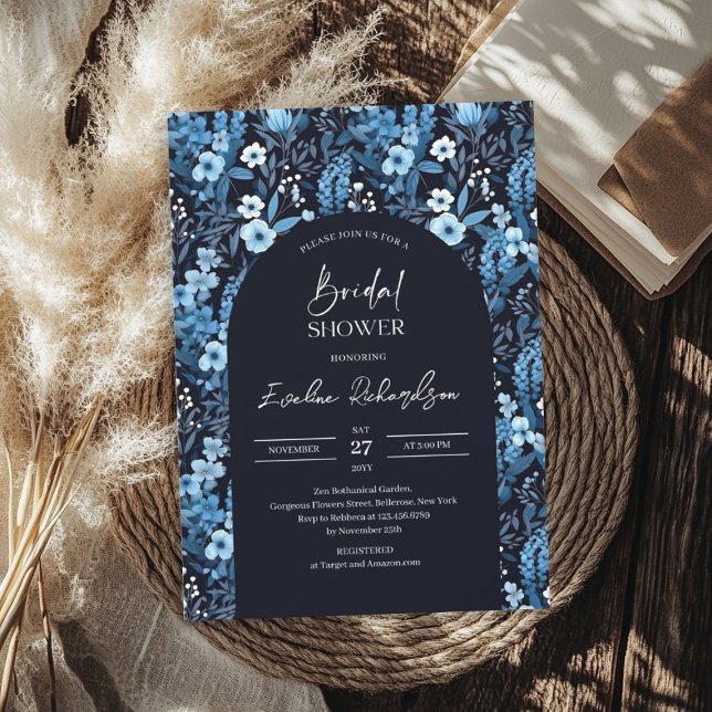Invitation Arc Boho aquarelle marine et fleurs sauvages blanc (Boho arch watercolor navy and white wildflowers invitation)