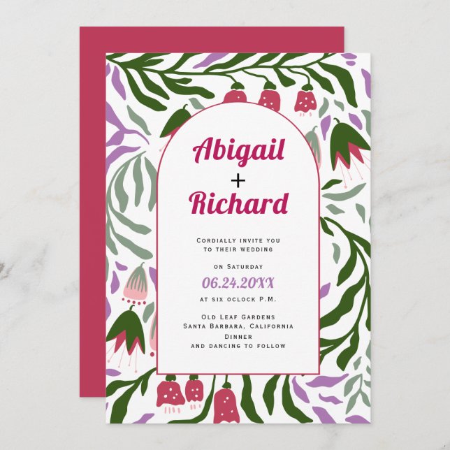 Invitation Arc Boho branches rétro et fleurs mariage (Devant / Derrière)