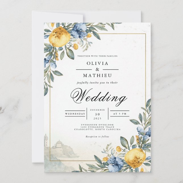 Invitation Arc Botanique Mariage Bleu Jaune (Devant)