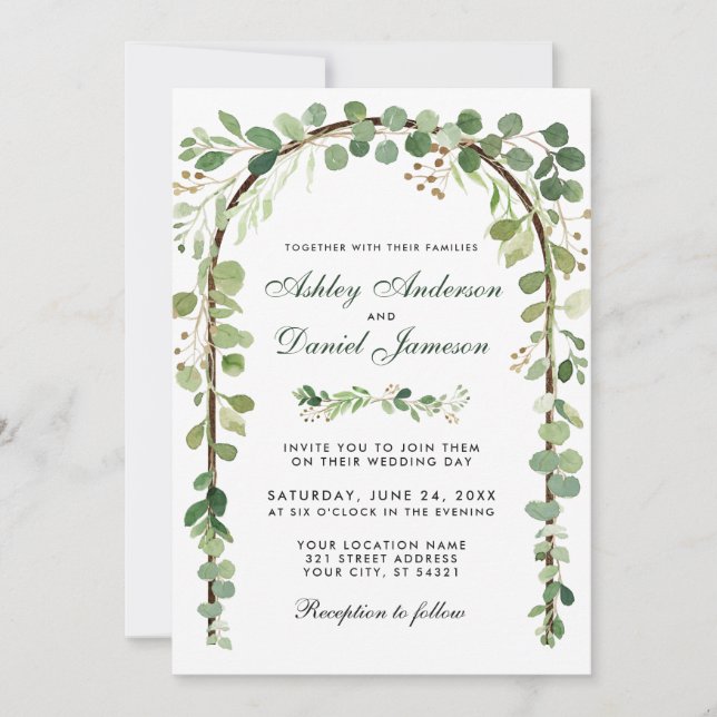 Invitation Arc botanique mariage Eucalyptus vert bois (Devant)