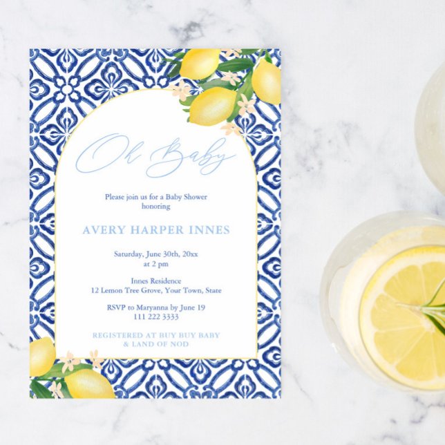 Invitation Arc Carreaux Bleus Citrons Baby shower Pour Garçon (Créateur téléchargé)
