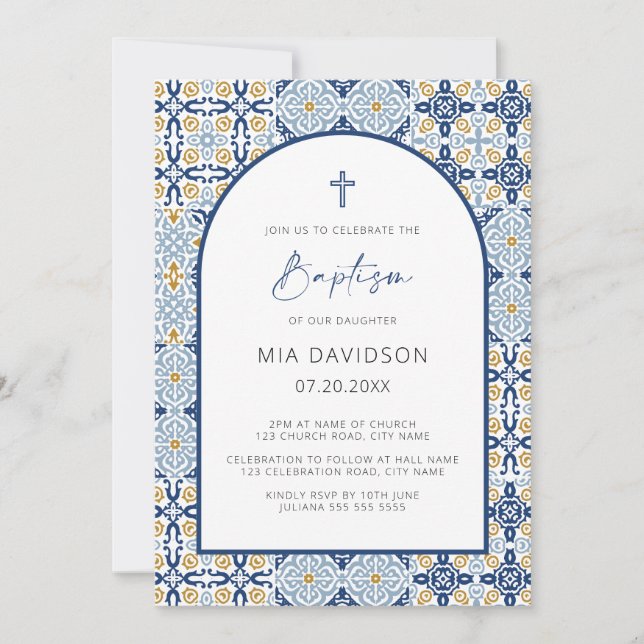 Invitation Arc Carrelage Amalfi Baptême Bleu Méditerranéen (Devant)