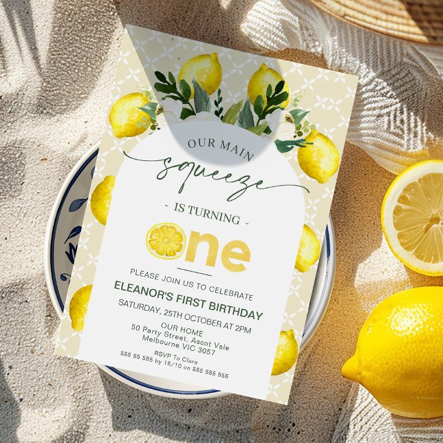 Invitation Arc Citron jaune Notre principale Squeeze 1er anni (Girls Our Main Squeeze 1st Birthday Invitation, Modern Main Squeeze First Birthday Invitation, Lemon)