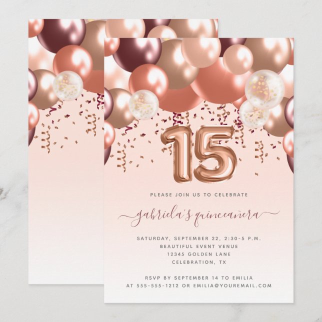 Invitation Arc de ballon Rose or Bourgogne Quinceañera (Devant / Derrière)