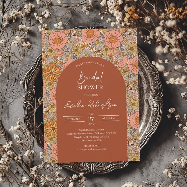 Invitation Arc de boho super rétro rose orange (Retro groovy turquoise boho arch orange pink invitation)