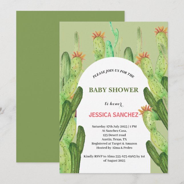 Invitation Arc de Cactus du désert Baby shower d'aquarelle bo (Devant / Derrière)