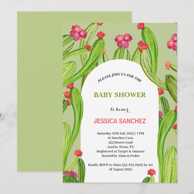 Invitation Arc de Cactus du désert Baby shower d'aquarelle bo (Devant / Derrière)