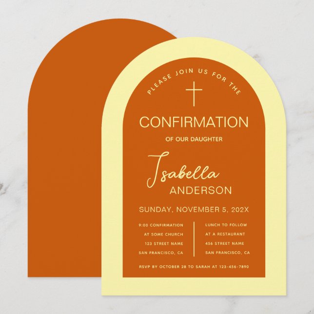 Invitation Arc de confirmation moderne Burnt Orange jaune Cro (Devant / Derrière)