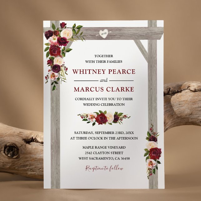 Invitation Arc de mariage bohème floral rustique bordeaux (Créateur téléchargé)