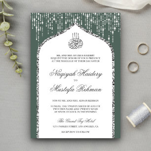 Invitation Arc de mariage musulman vert blanc argent pailleté