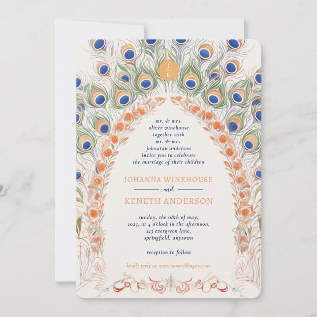 Invitation Arc de paon coloré | Mariage de monogramme (Devant)