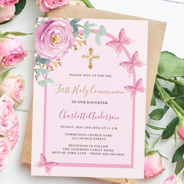 Invitation Arc de papillons roses de la première sainte commu (Créateur téléchargé)