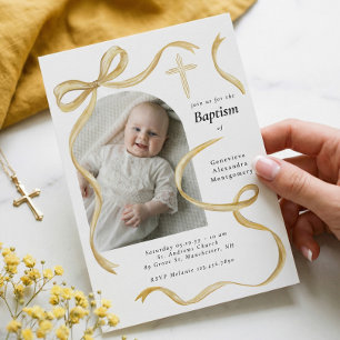 Invitation Arc de photo de baptême de bébé avec un élégant nœ