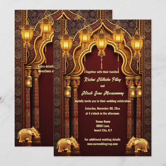 Invitation Arc de temple hindi d'or bourguignon (Devant / Derrière)