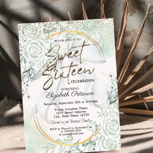 Invitation Arc élégant Confettis Roses vertes Sweet 16