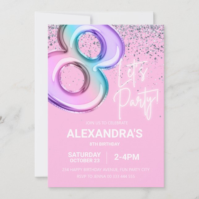 Invitation Arc en arc-en-ciel 8e anniversaire Fille Foil Ball (Devant)