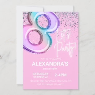 Invitation Arc en arc-en-ciel 8e anniversaire Fille Foil Ball