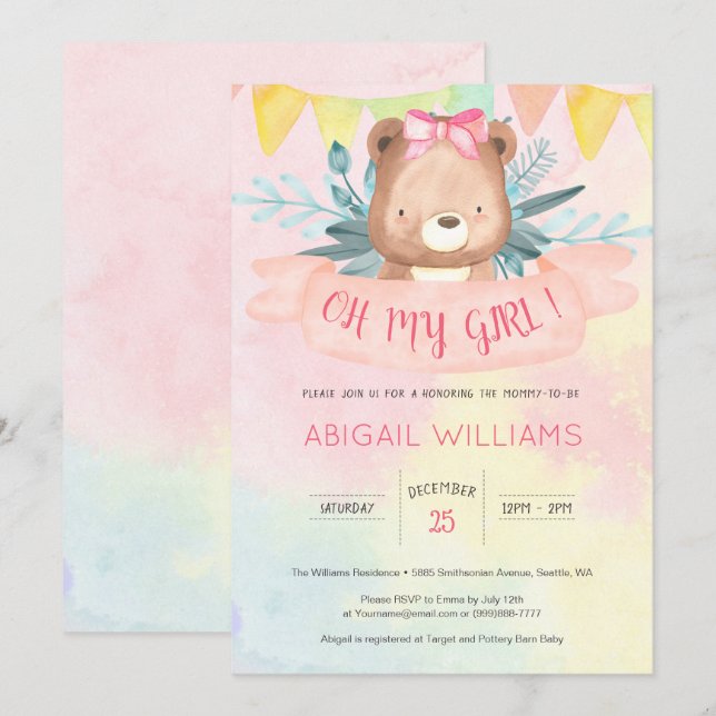 Invitation Arc en arc-en-ciel Aquarelle Baby shower fille our (Devant / Derrière)