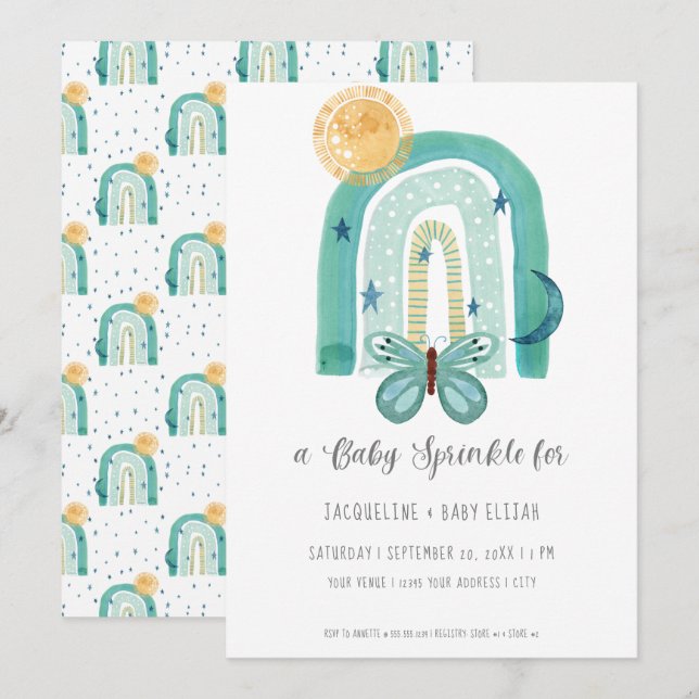 Invitation Arc en arc-en-ciel Aquarelle moderne Turquoise Ble (Devant / Derrière)