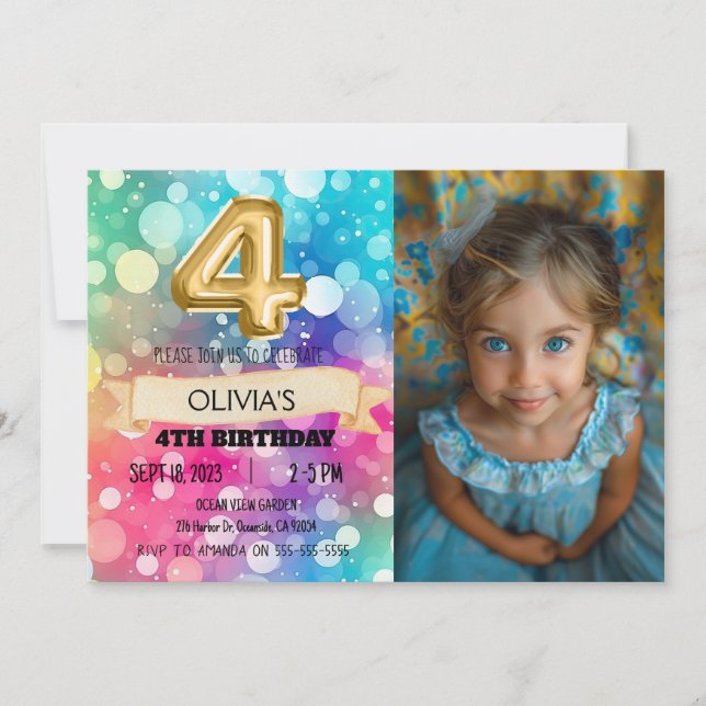Invitation Arc en ciel 4 ans 4e anniversaire Photo Girls Four (Devant)