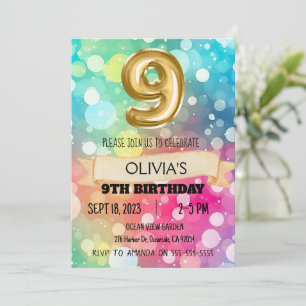 Invitation Arc-en-ciel 9 ans 9e anniversaire Fête Filles Neuf