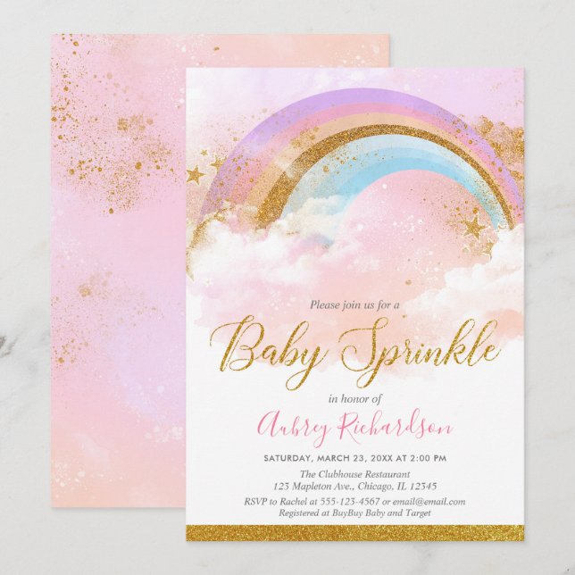 Invitation Arc en ciel bébé saupoudrer fille pastel or rose (Devant / Derrière)