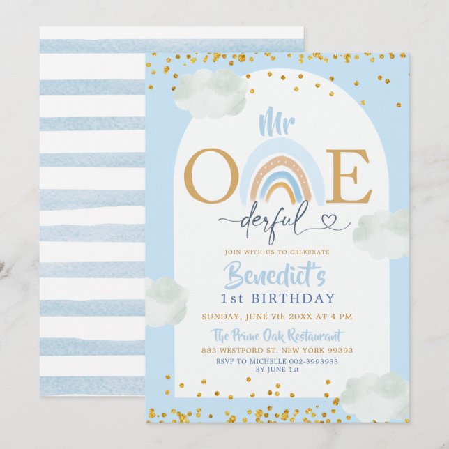 Invitation Arc-en-ciel bleu doux M. Onederful Boy's Birthday (Devant / Derrière)