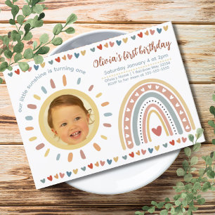 Invitation Arc-en-ciel Boho Petit soleil photo d'anniversai