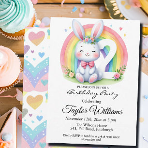 Invitation Arc-en-ciel coloré et Bunny 2e fête d'anniversaire