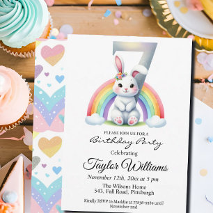 Invitation Arc-en-ciel coloré et Bunny 7e fête d'anniversaire