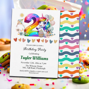 Invitation Arc-en-ciel coloré et Unicorn 2e fête d'anniversai