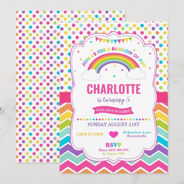 Invitation Arc-en-ciel coloré fête d'anniversaire fille (Devant / Derrière)