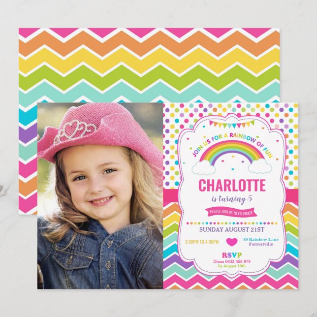 Invitation Arc-en-ciel coloré fête d'anniversaire fille photo (Devant / Derrière)