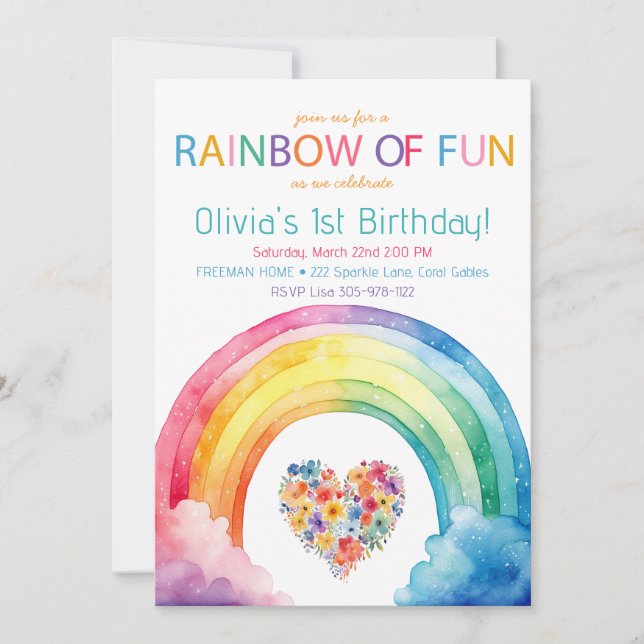 Invitation Arc-en-ciel de Fun Watercolor Girl Anniversaire In (Devant)