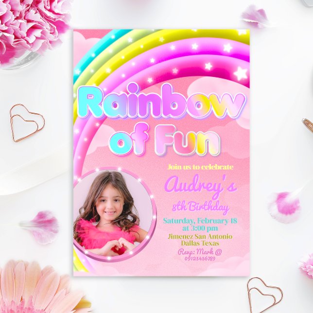 Invitation Arc-en-ciel de plaisir avec image (Rainbow of Fun - Girl Birthday Invitation with Photo)