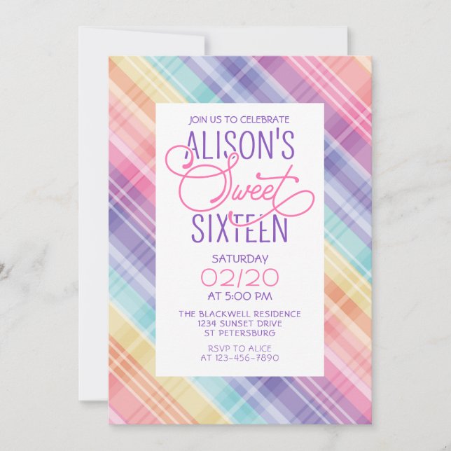 Invitation Arc-en-ciel doux 16 Anniversaire (Devant)