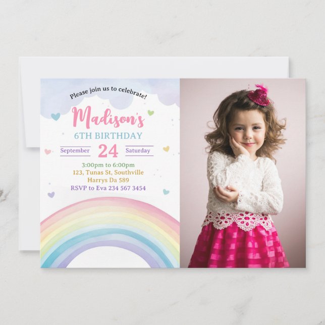 Invitation Arc en ciel et coeur Photo Anniversaire (Devant)