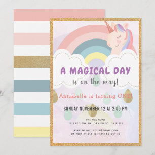 Invitation Arc-en-ciel et licorne magique or anniversaire