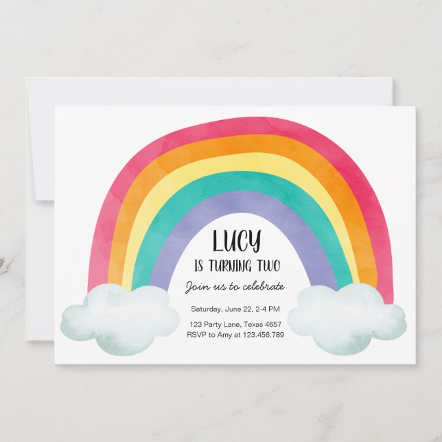 Invitation Arc-en-ciel Fête des nuages Aquarelle fille (Devant)
